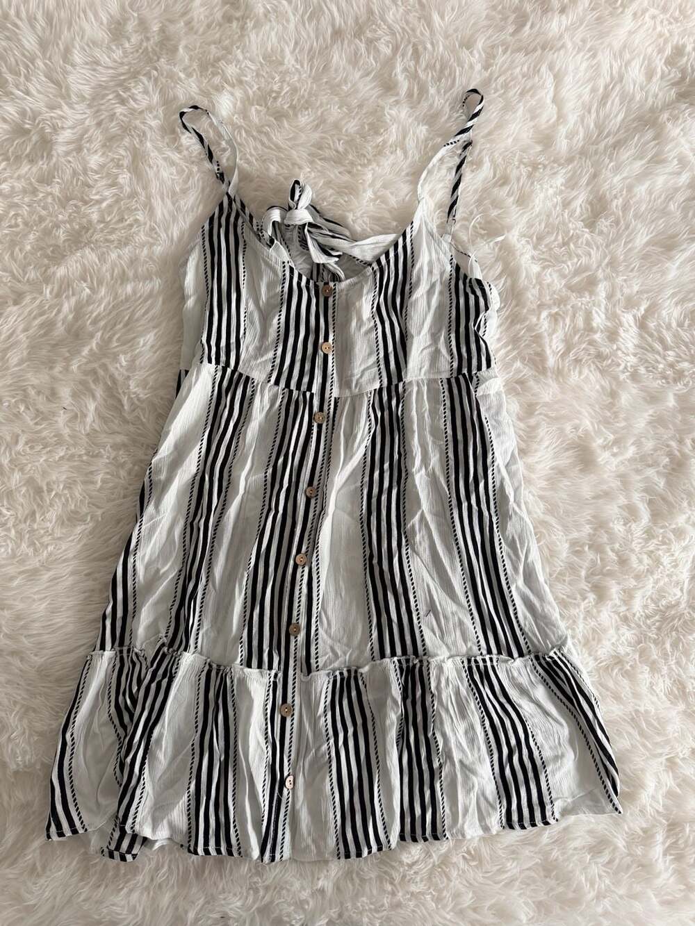 Ocean Drive Black and White Striped Button-Front Tiered Dress Size L